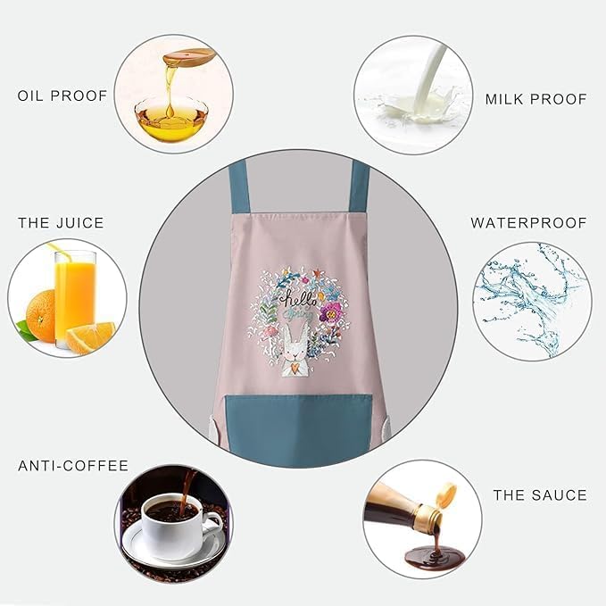Image of VELVERI Waterproof Kitchen Cooking Apron for Women Men | Adjustable Bib with Hand Towel Wiping Patch | Large Pocket Oil & Stain Resistant | Cute Cartoon Rabbit Design