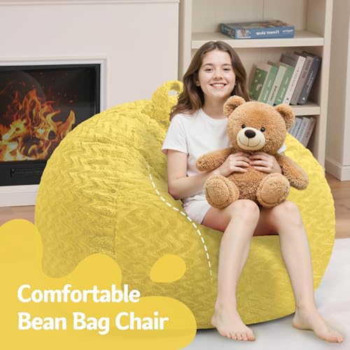 Image of 2FT Bean Bag Chair,Giant Bean Bag Chairs for Adults,Big Bean Bags with Memory Foam Filled, Large Beanbag Chairs with Chevron Plush Cover-Yellow