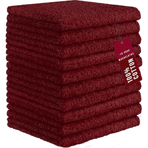 Image of DecorRack 10 Pack 100% Cotton Wash Cloth, Luxurious Soft, 12 x 12 inch Ultra Absorbent, Machine Washable Washcloths, Red (10 Pack)