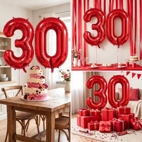 Image of Number Balloons Red Party Balloon - 40 Inch Large Number 30 Balloon, Numbers Balloon Birthday Decorations, Red Party Supplies for Anniversary
