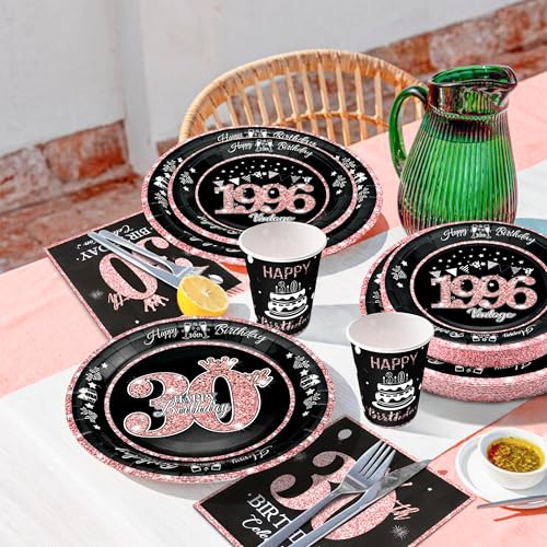 Image of 30th Birthday Decorations Rose Gold, Service for 30, Vintage 30th Birthday Party Supplies Includes Rose Gold 1996 Plates, Napkins,Cups, Plates and Napkins for Women