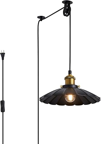 Lámpara colgante enchufable, pantalla negra vintage de 9.8 pulgadas, lámpara colgante enchufable para comedor y sala de estar, isla de cocina,