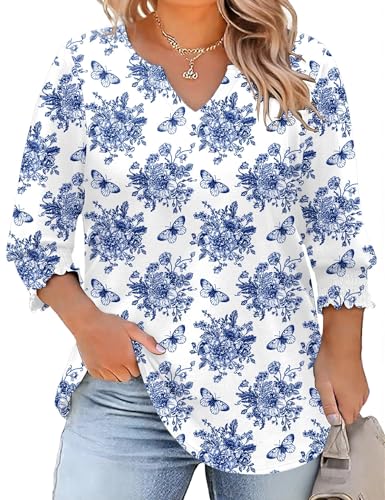 Rapbin Womens Plus Size Tops 3/4 Sleeve Blouses Shirts Casual V Neck Loose Tunic Tops 1X-5X