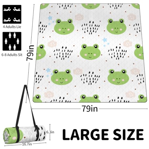 Shimoshe Extra Large Picnic Blankets 79”x 79”, Cartoon Frog Waterproof Foldable Picnic Mat with Straps Portable Beach Blanket for Camping Park Grass Beach Indoor