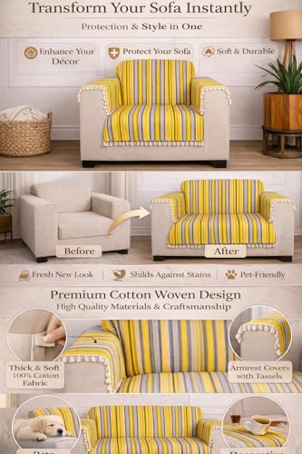 Image of Gifts Island 1 Seater Cotton Sofa Cover Mat | Anti Slip Armchair Cover Throw | All Over Furniture Protector with Elastic Straps | Washable Couch Cover for Living Room (Yellow, 1 Seater)