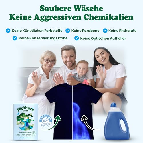 Mother's Earth Waschmittelblätter – leichte Wäscheblätter | plastikfreie Verpackung | geeignet für die tägliche Wäsche | geruchlos