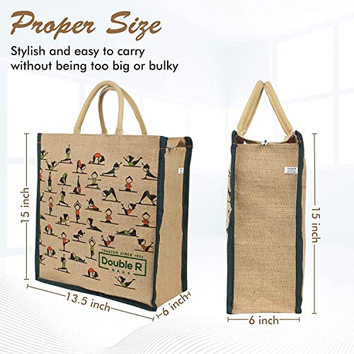 DOUBLE R BAGS Unisex Eco Reusable Yoga Print Jute Cloth Lunch Bag For Tiffin Box With Bottle Organizer, Zipper & Reinforced Handle.