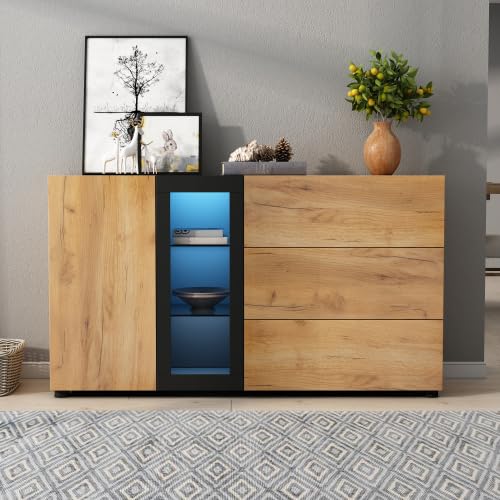 Merax Sideboard mit LED Beleuchtung – Smart App Steuerung, Modernes Design mit Glasregalen, Schubladen & Verstellbaren Einlegeböden, Kommodenschrank für Wohnzimmer und Esszimmer (Schwarz/Braun)