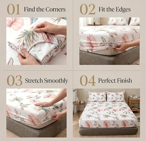 Image of VAS COLLECTIONS Cloud Cotton Corner Elastic Fitted Double Bedsheet Set (78 x 72 + 8 Inches) with 2 Pillow Covers | 160-180 TC Soft Breathable Cotton Fitted Sheet | Bed Sheet (Rose Petal Garden)