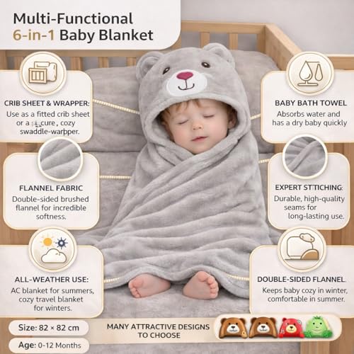 Image of First Kick New Born Baby Blanket Pack of Super Soft Bathrobe Wrapper Bath Towel for Boys, Girls, Babies (Grey Mouse, Length 82 cm x Width 82 cm, 0-12 Months)