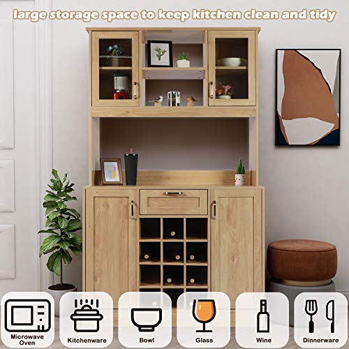 LAZZO Kitchen Pantry, Storage Cupboard, Freestanding Kitchen Pantry and Hutch with Framed Glass Door, Open Shelf, Countertop,Kitchen Buffet Cabinet with Wine Rack Drawer for Home Kitchen Hallway