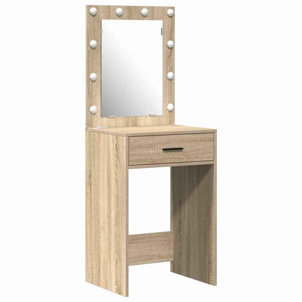 Tocador con puerta marrón de madera 50 x 41 x 135 cm, 2 unidades con iluminación LED, cajón, espacio de almacenamiento para dormitorio, habitación de niña y vestidor