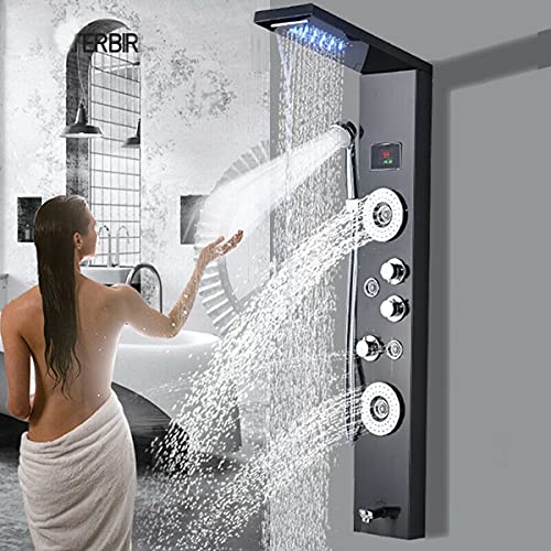 ALENARTWATER Wall Mounted Bathroom Shower Panel Tower System LED Rainfall Waterfall Shower Head with Body Jets Stainless Steel Rain Massage System Black 6-Function Shower Column