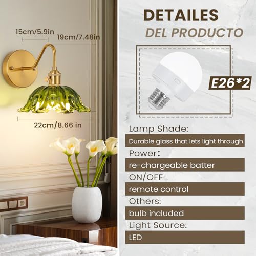Image of Battery Operated Sconces Set of 2, Vintage Wall Light with Remote, Rechargeable Wall Sconces RGB, No Socket Required Brass Green Glass Lampshade Fixtures, Wall Sconce for Bedroom, Aisle etc