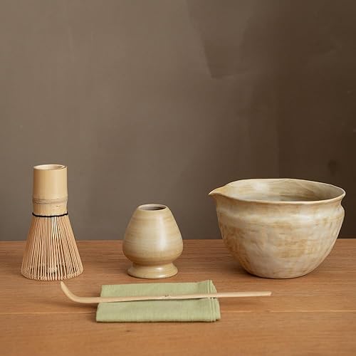 Juego de 6 batidores japoneses de matcha con cuenco de cerámica Wabi-Sabi hecho a mano (Chawan), persecución de bambú, soporte para batidor,