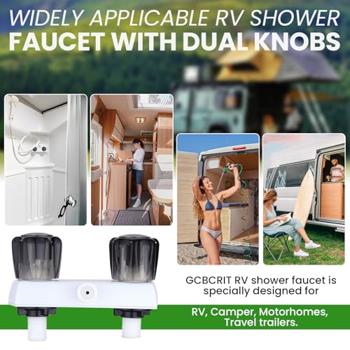 Image of RV Shower Faucet with Hose and Head, RV Outdoor Shower Kits, RV Tub Faucet with Shower Diverter Outdoor Shower Kit Fits for RV /Campers,Travel Trailer,Motorhome (Shower Faucet Kit, White + Gray Knob)