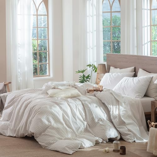 Image of MooMee Striped Duvet Cover Set 100% Washed Cotton Linen Like King | Relaxed Linen-like Texture. Soft, Breathable & Long-lasting Comfort. Lightweight. Hidden Zipper with 8 Interior Corner Ties