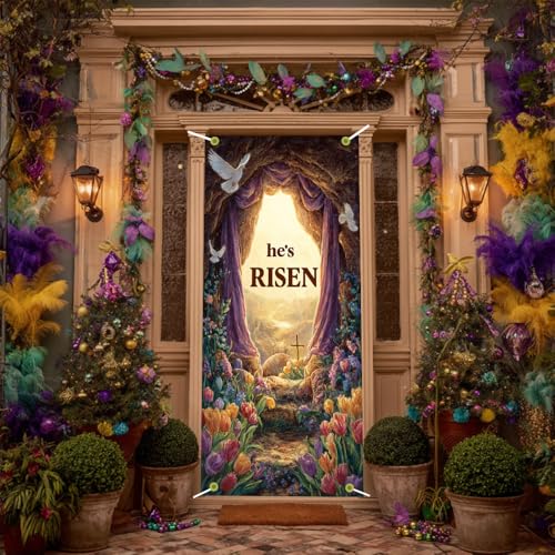 Image of Easter Door Cover 35.43 x 70.87 Inch Sunlit Floral Cave Entrance with Spring Landscape Draped Fabric Tulips and Doves Ideal for Seasonal Home Decoration and Easter Themed Door Display