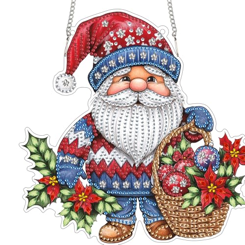 Reofrey Diamond Painting Colgante Doble Acrílico con Cadena Gnomo Navideño, 20x20 cm Pintura de Diamante Colgante, Atrapasoles de Cristal Kit para Ornaments Corona Porche Colgante de Pared & Regalo