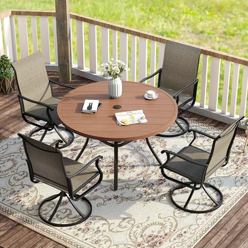 Image of VICLLAX Round Patio Table with Adjustable Umbrella Hole, All Weather Outdoor Round Dining Table for Lawn Garden, 41.2 inchx 28 inch Walnut Wood-Like Outdoor Coffee Table