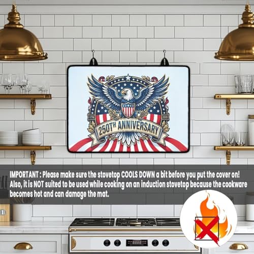 Image of Poceacles 4th of July Ceramic Glass Stove Top Cover Stove Burner Cover Multipurpose Rubber Desk Saver Pad Washer Dryer Top Mat for Counter Top, Eagle America 250th Anniversary Print