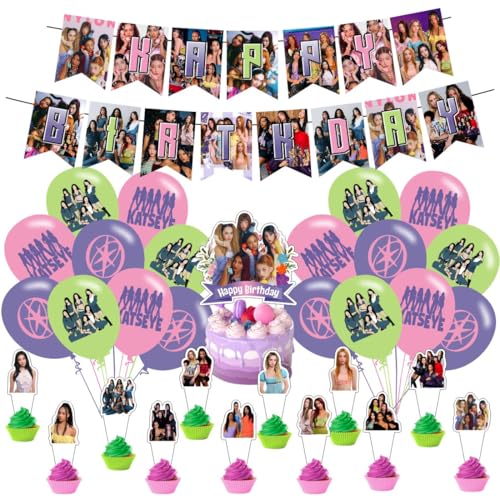 Katseye Birthday Decorations Katseye Party Supplies Include Happy Birthday Banner Cake Topper and Cupcake Toppers Balloons for Kids Party Decor