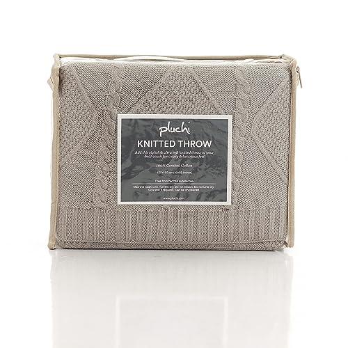 Image of Pluchi Cable Moss Cotton Knitted All Season AC Throw Blanket (125cm X 150cm) (Cool Grey)