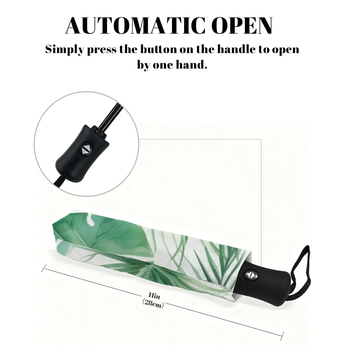 Ombrello pieghevole con foglie tropicali, ombrello da viaggio, compatto, antivento, impermeabile, con protezione UV, rivestimento nero, leggero, 8 costine, portatile, per pioggia e sole