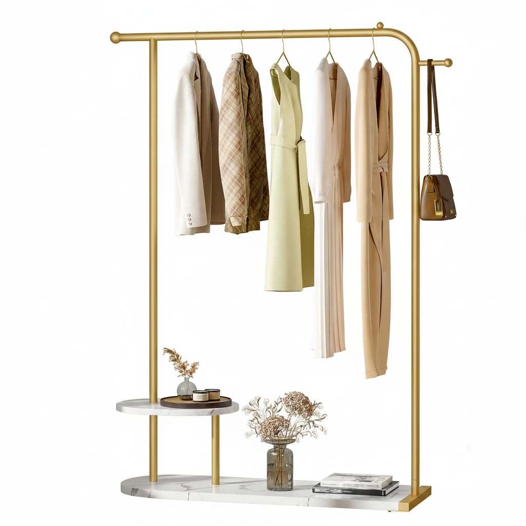 Raybee Gold Clothing Rack With 2 Shelves, 3-in-1 Storage