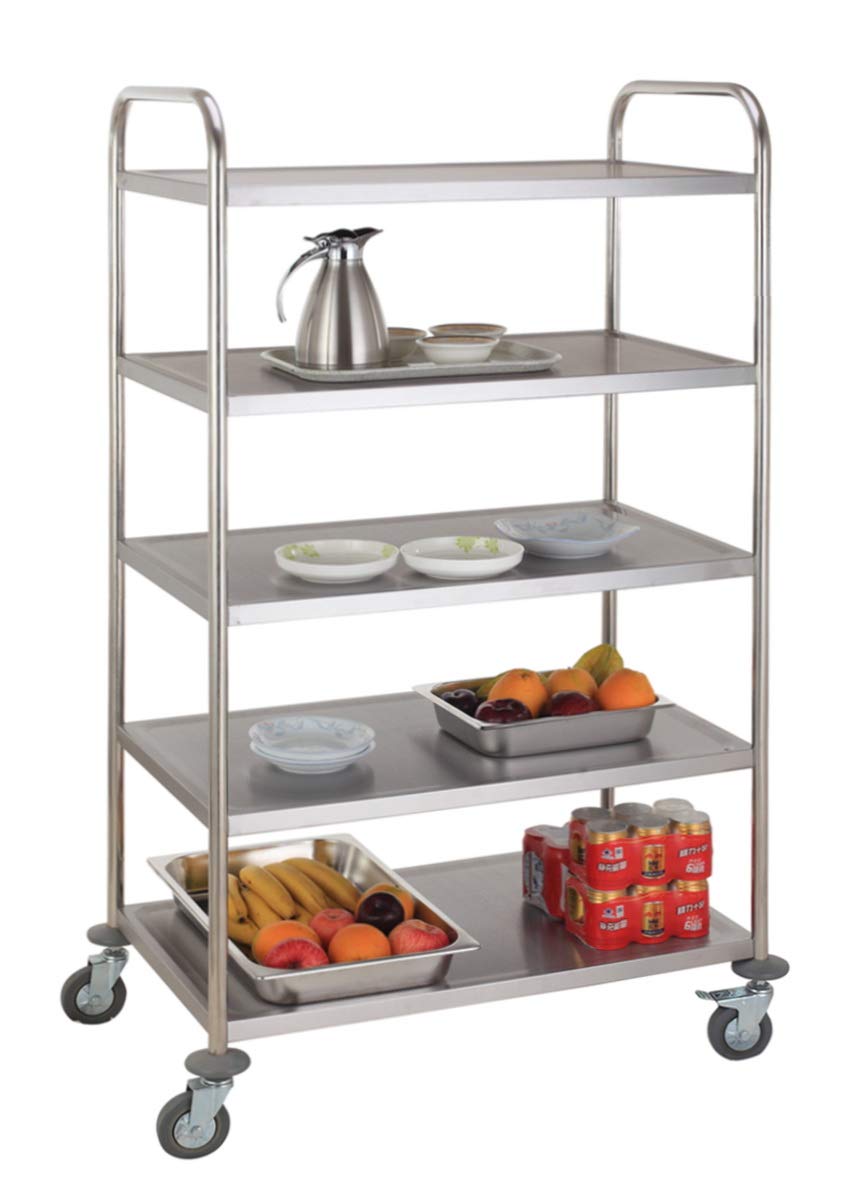 HENDI Carrito de Servicios, de Cocina, de Restaurante, Multiusos, 5 estantes, 4 Ruedas giratorias, 2 con Freno, Carga máxima por Estante 50kg, encimera 794x539mm, 905x585x(H) 1545mm, Acero Inoxidable