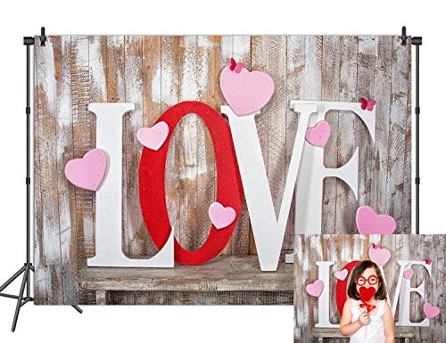 BINQOO Fondo de madera para pared con texto en inglés "Love Valentine", diseño rústico, de madera, para fotografía, corazones rojos, para estudio de fotos (210 cm de ancho x 150 cm de altura) Cover