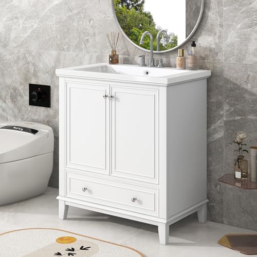 VeroFree 30 Inches White Bathroom Vanity with Sink Combo, Multi-Functional Cabinet with Doors & Drawer, Solid Frame & MDF Board – Stylish Storage Solution (Old SKU: Sy999606aak)