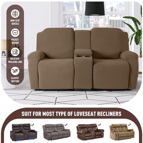 Image of KinCam Loveseat Recliner Covers with Middle Console Slipcover, Recliner Sofa Covers 2 Seat Couch Cover Stripe Jacquard Furniture Protector Covers with Elastic Bottom for Kids, Pets (Brown)