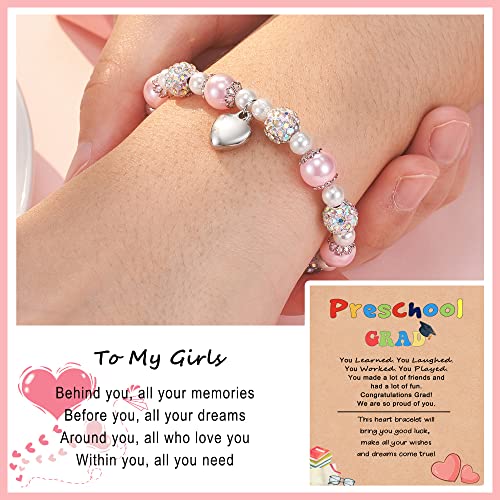 2025 Graduation Gifts | Heart Bracelet for Daughter/Granddaughter/Niece | Pink Pearl and Rhinestone Balls Bracelet | Adjustable Length from 4-10 inches2