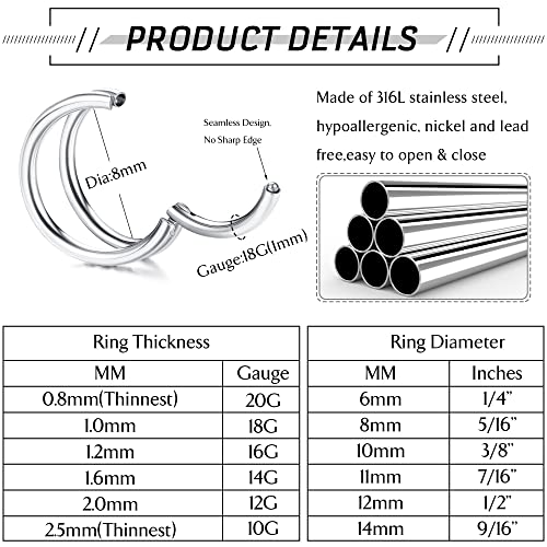 Jstyle 18G 16G Surgical Steel Nose Rings Hoops For Women Opal Cz Septum Rings Clicker Hinged Segment Nose Ring Lip Helix Cartilage Conch Daith Rook Nose Body Piercing Jewelry 18G 8Mm #TOP1