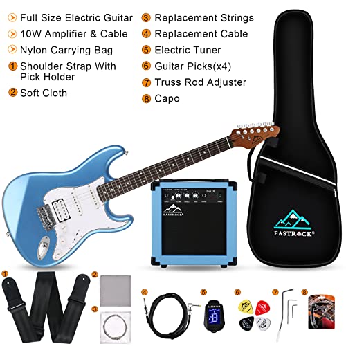 Eastrock 39 Inch Full-Size Electric Guitar Kit For Beginner Starter With 10W Amp, Bag, Capo, Shoulder Strap, String, Cable, Tuner, Picks. (39" Right Handed, Haze Blue) #TOP1