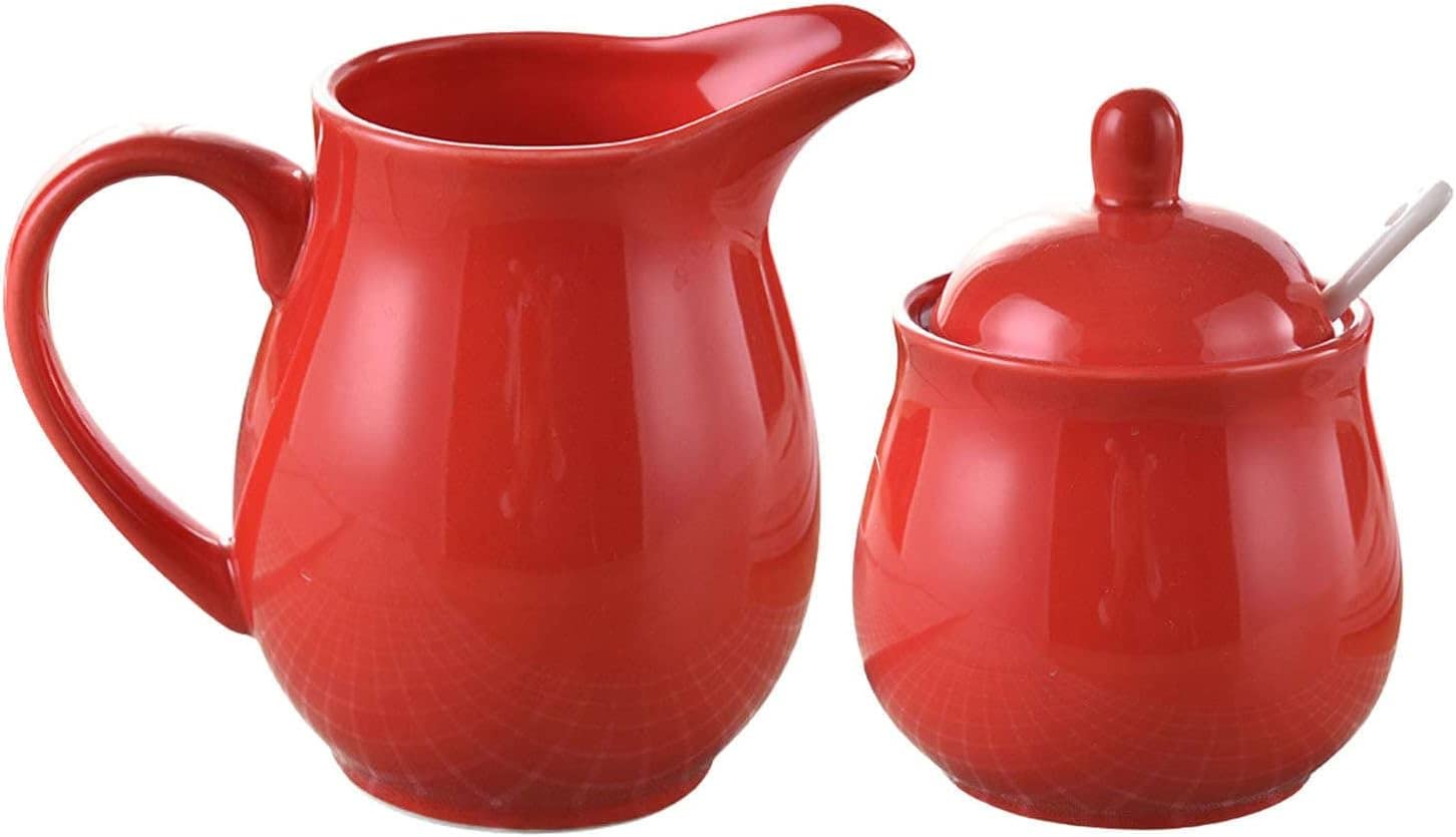 Azucarero de cerámica, jarra for crema, tarro for azúcar, azucarero con tapa y jarra for leche, juegos for crema y azúcar, jarra for leche y azucarero, decoración for cocina, azucarero rojo (color: bl