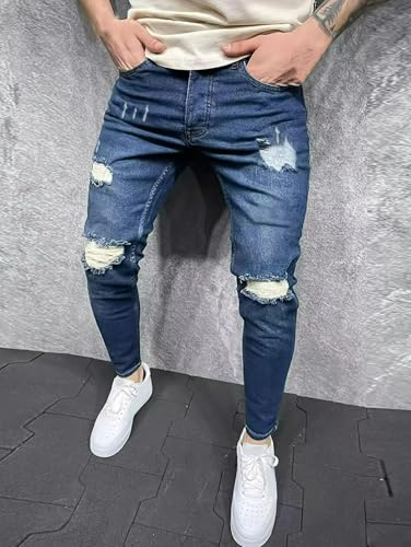 Jeans Pants Trousers Denim Street Trendy Piercing Slimming Stretch Water Washed Blue Commuter Casual for Men3
