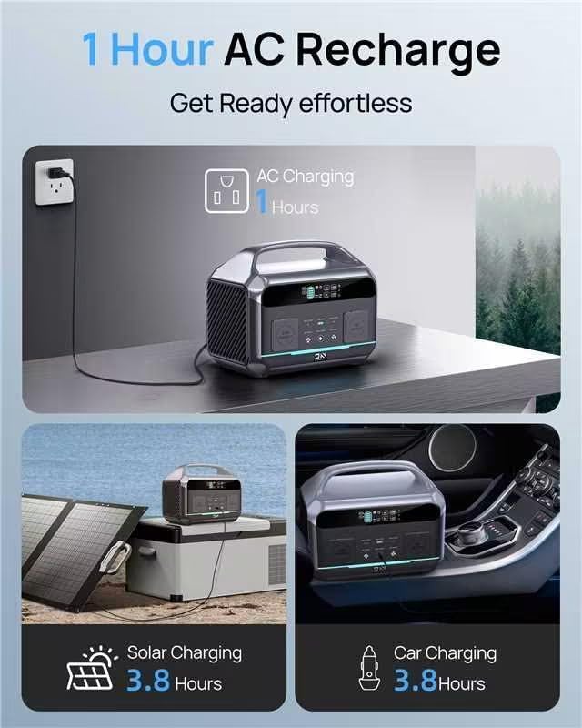 Image of Portable Power Station 600W (1200W Surge), 576Wh LiFePO4 Electric Generator with 1Hr Fast Charging, 100W USB-C PD Output, Solar Power Bank for Home Emergency, Camping, RV Travel, CPAP (Solar Optional)