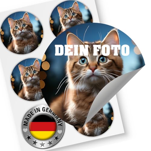 NEU Foto Aufkleber mit eigenem Foto PERSONALISIERT (48 Stk. 4-8cm) WASSERFEST runde Etiketten mit individuellen Fotos Hochzeit, Firmen Logos Geburtstag Schule Tier Sticker selbst gestalten