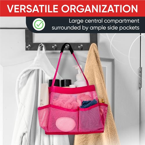Masirs Shower Caddy Mesh - 9 Pocket Portable Bathroom Organizer Tote for Travel, Gym & Dorm - Collapsible Small Shower Caddy Bag to Hold Toiletries & Essentials (Pink)
