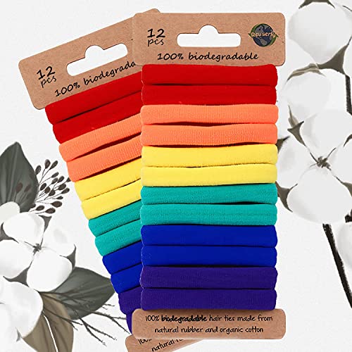 Image of Biodegradable Eco Friendly Elastic Thick 8mm Large Hair Ties for Women & Men - Organic No Crease - Cotton Natural Rubber Ponytail Holders - Hair Ties for Buns - Plastic Free Hairbands (24 pcs, Rainbow)