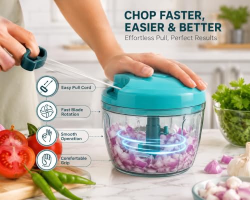 Image of Quick Manual Vegetable Chopper with 6 Stainless Steel Blades (900 ml) | Heavy Duty Onion Cutter & Fruit Chopper for Kitchen | Multi-Color (Pack of 1)
