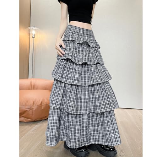 Women Casual Ruffle Tiered Maxi Skirts Elastic Waist Plaid Layered Long Skirt3