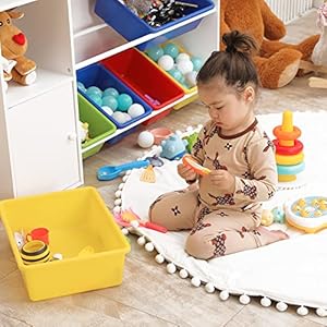 Kids toy storage organizer bins with shelf 4 tier playroom organization and storage w8 removable boxes kids bookshelf and toy storage for kids room bedroom nursery classroom white  urban country home decor