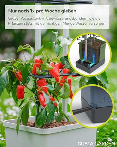 GUSTA GARDEN Charly Chili Chilitopf - Pflanzentopf mit Rankhilfe, Bewässerungssystem & Robustem Rahmen (Hellgrau, XL)