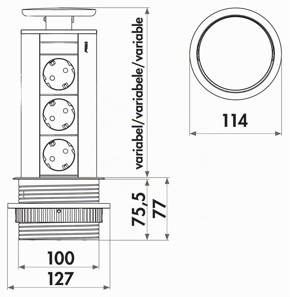 Naber EVOLINE Port 1 Steckdosenelement, 3-fach, Versenkbar, Schwarz