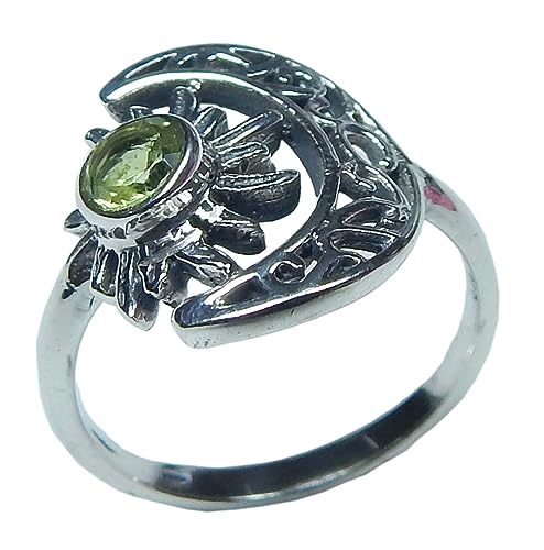 Crescent Moon And Sun Natural Peridot Round Faceted Gemstone 925 Sterling Silver Peridot Ring Jewelry for Good Luck Promise Ring Vintage Ring Birthday Gift Gift For Her