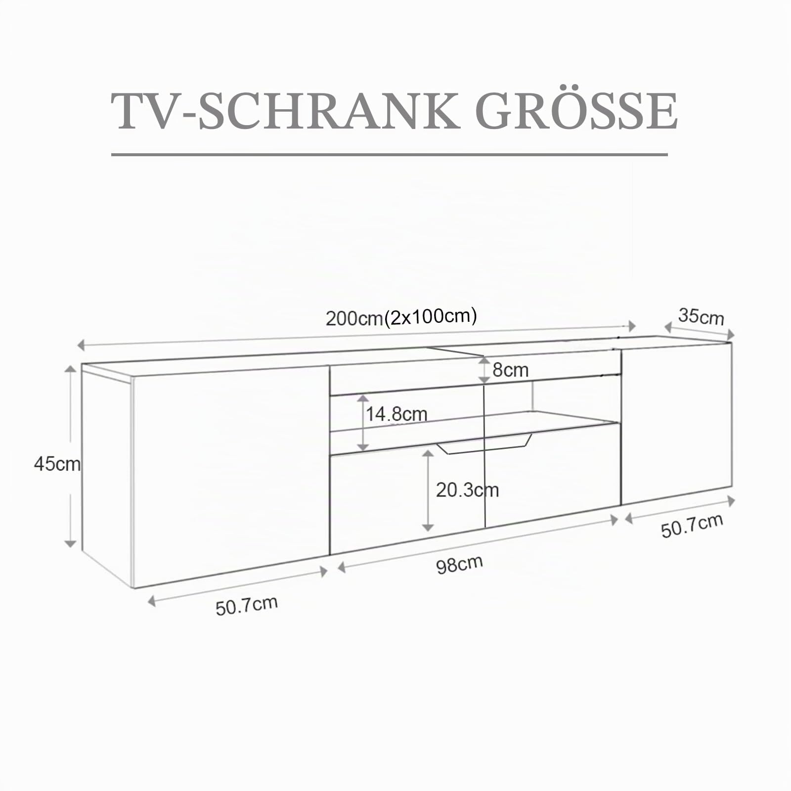 200cm TV Schrank Hochglanz mit LED-Beleuchtung, Schwarz