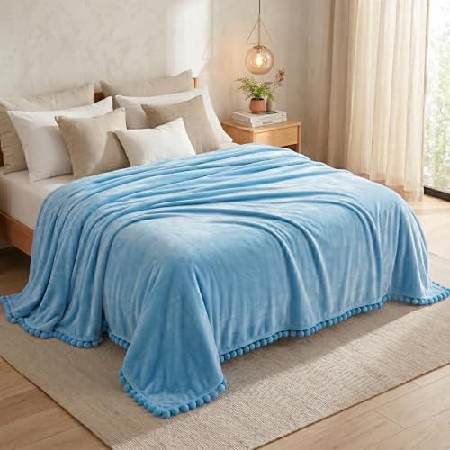 Image of SANMARINO 250 GSM Flannel Blanket for Double Bed | Ultra Soft Velvet Touch Throw Blanket with Decorative Pom Pom Fringe | Lightweight & Breathable All-Season /Mild Winter -228x228 cm,Aqua